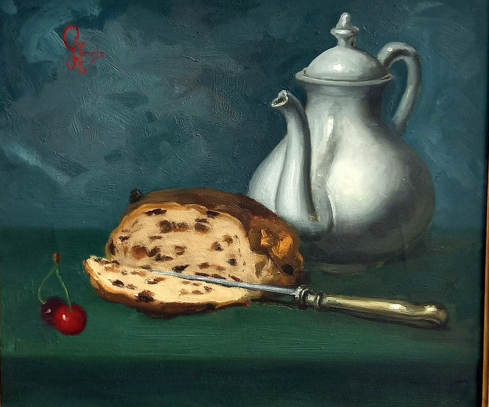 Stilleven met krentenbrood