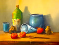 Stilleven met groene fles en tomaten