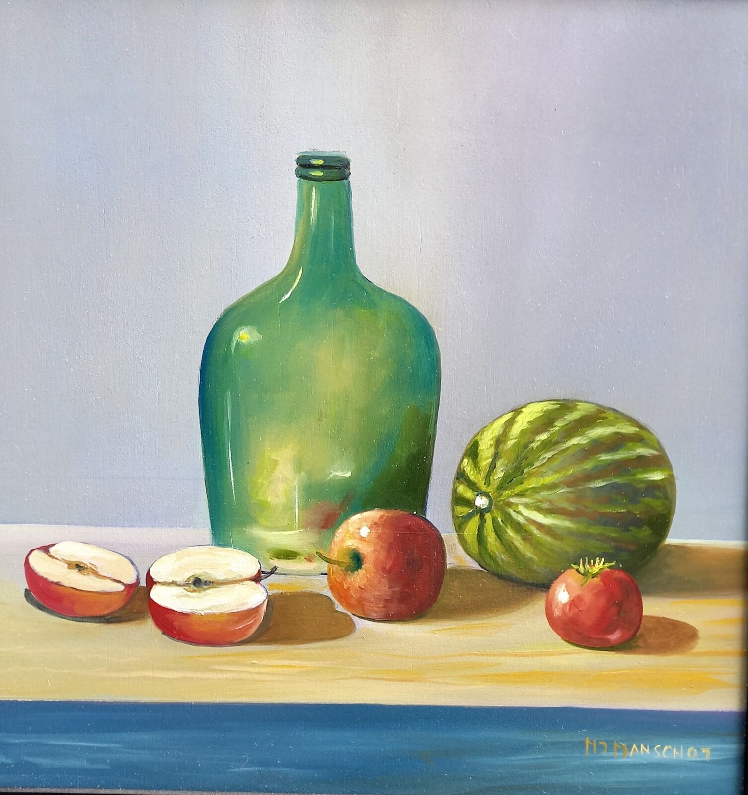 Nature morte avec bouteille verte et melon.