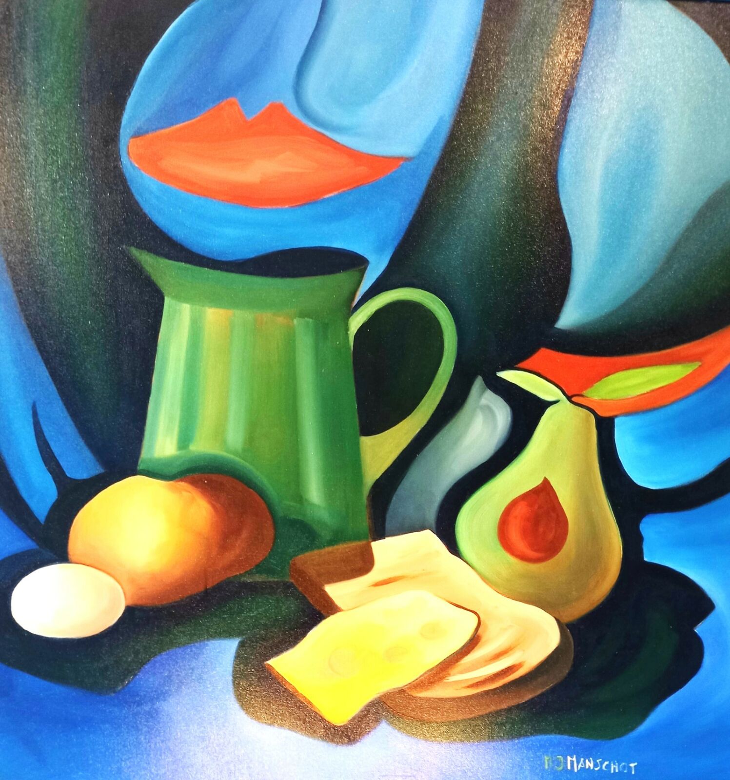 Nature morte figurative moderne avec une cruche.