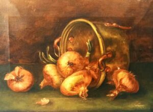 Nature morte au panier avec des oignons.