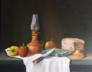 Still life with oil lamp and currant bread.