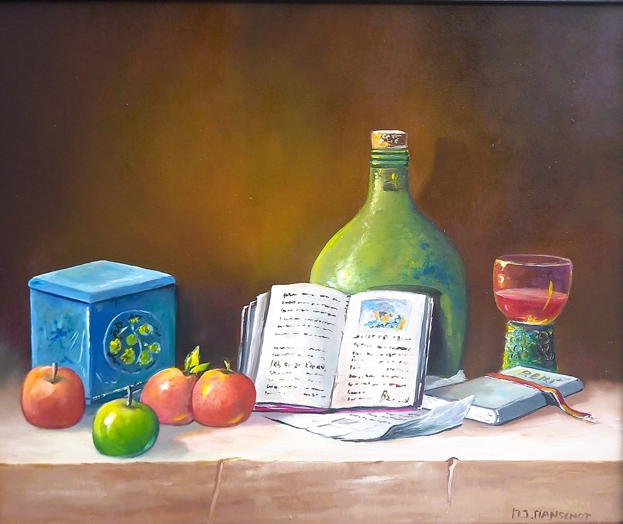 Nature morte avec boîte de biscuits et bouteille en verre.