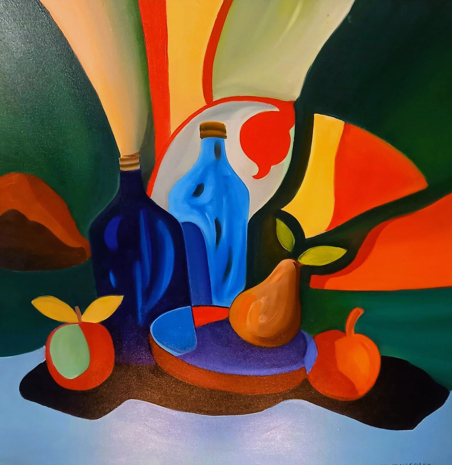 Modern figurative still life with bottles.