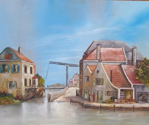 Cityscape with lift bridge.
