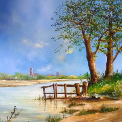 Olieverf schilderij van Hollands landschap.