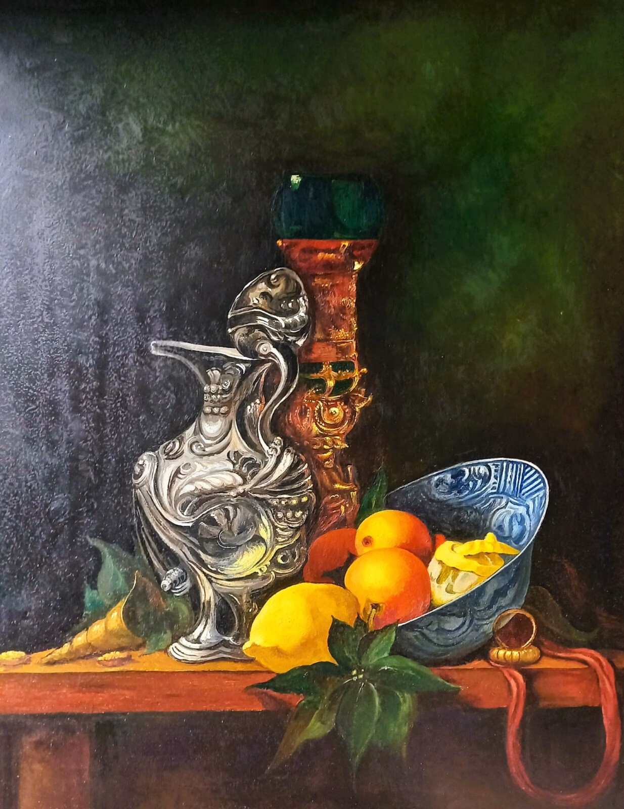 Still life with pouring jug and fruit bowl.