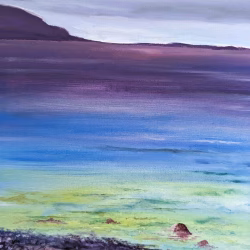Olieverf schilderij strand met bergen