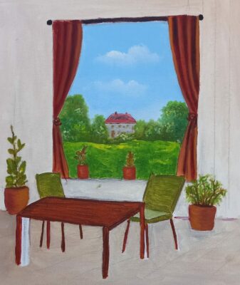 Schilderij interieur huis met uitzicht uit het raam