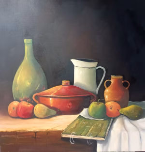 Stilleven met oude fles en fruit.